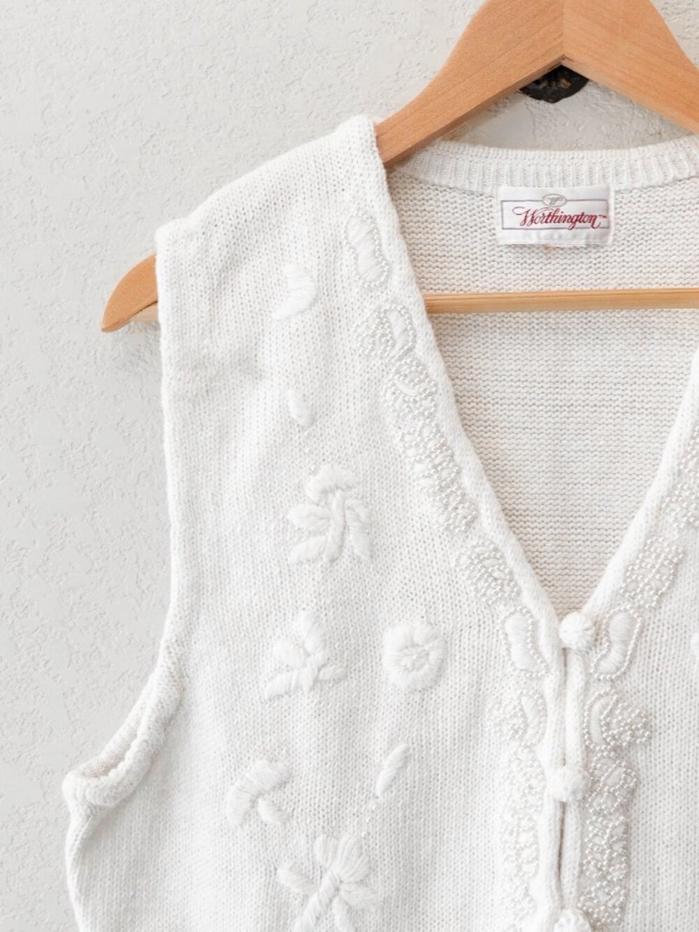 Vintage Worthington Beaded Vest L White Embroidered 90s Y2K Boho Cottagecore - Picture 3 of 11